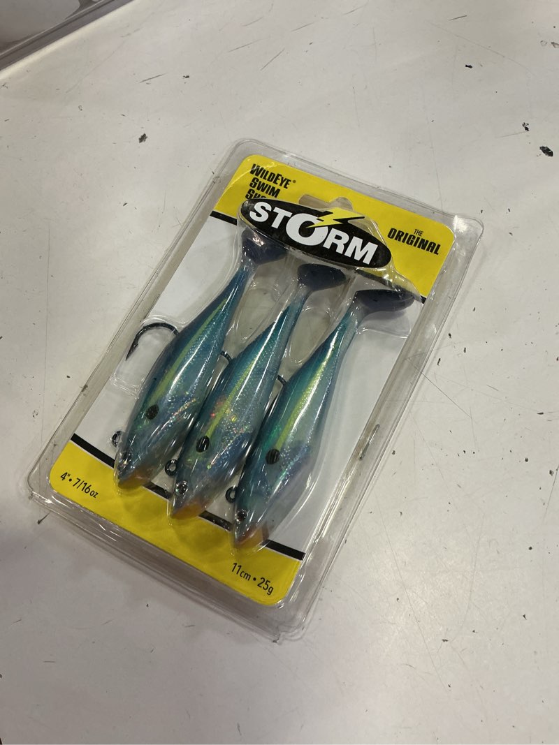 Condition photo showing New/Like New for storm wildeye swim shad 4" fishing lure 7/16oz blue steel shad 3pcs 
