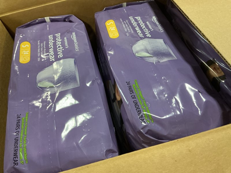 Condition photo showing New/Like New for amazon basics incontinence underwear for women, protective, disposable, postpartum, maximum absorbency, small, lavender, 72 count (3 packs of 24) small 72