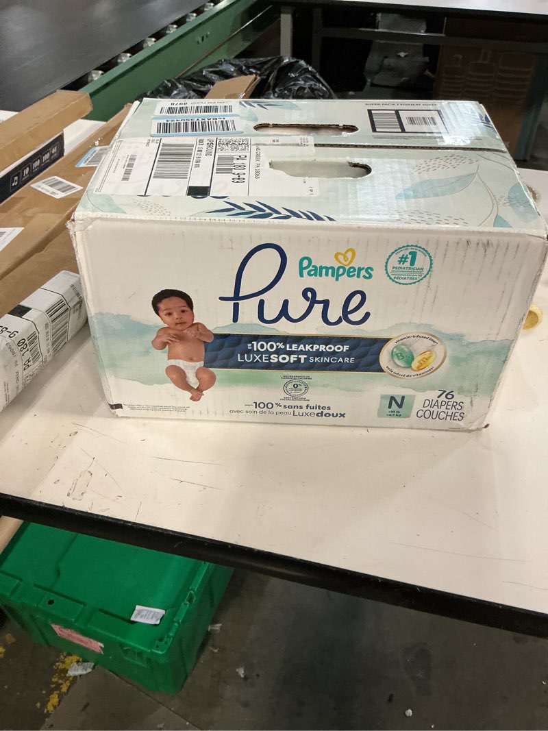 Condition photo showing New/Like New for pampers pure protection baby diapers, size 0 (>10 lbs), 76 count, up to 100% leakproof, premium plant-based skin protection, hypoallergenic soft diapers newborn 76