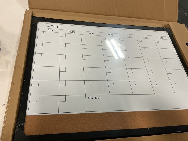Condition photo showing Good Condition for Dry Erase Calendar Cork Board Combo, 18 x 24 Inches Monthly Calendar Whiteboard for Wall, Magnetic White Board with Wood Framed, Hanging Dry Erase Board for Kitchen Home Office School Planner 24"W x 18"H Wooden Frame