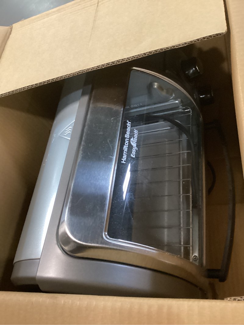 Condition photo showing As Is for Hamilton Beach Easy Reach 4-Slice Countertop Toaster Oven With Roll-Top Door, 1200 Watts, Fits 9” Pizza, 3 Cooking Functions for Bake, Broil and Toast, Silver (31344DA) Silver 4-Slice