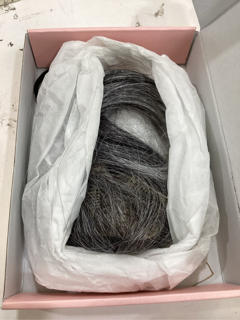 Condition photo showing As Is for flufymooz real human hair toppers for women, 10 inch clip in bangs 100? human hair toppers for thinning hair, cover hairpiece with 150% density silk base-silver gray with brown mixed silver gray with brown mixed 10 inch