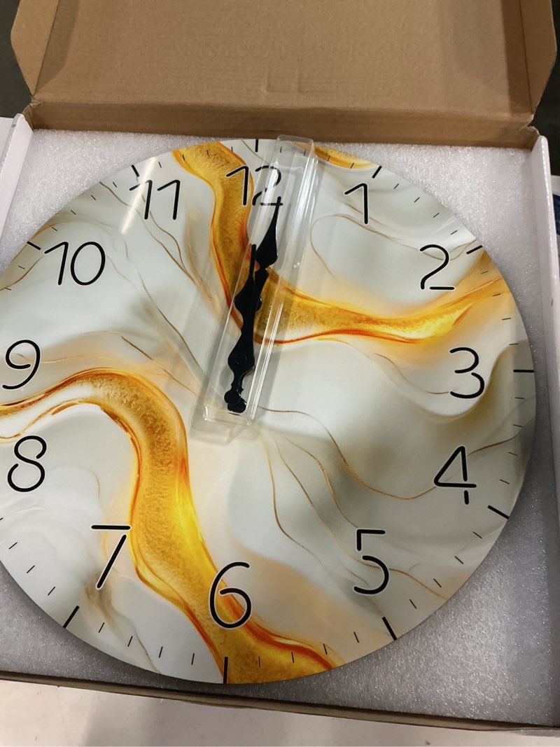 Condition photo showing New/Like New for Modern Marble Texture Wooden Wall Clock for Living Room Decor 14 Inch Round Wall Clock Non - Ticking for Office, Home (Battery Operated) White Marble Texture 14inch