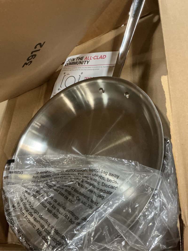 Condition photo showing As Is for all-clad d3 12" stainless steel frying pan w/lid, 3-ply stainless steel pan, induction, oven broiler safe 600f skillet, professional cookware, silver silver 12 inch with lid