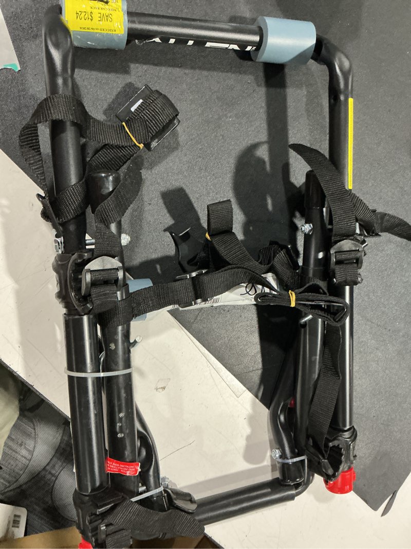 Condition photo showing As Is for allen sports deluxe 2-bike trunk mount rack, model 102dn-r, black 2-bike bike rack red/ black