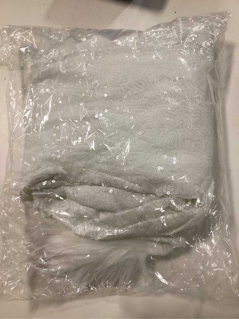 Condition photo showing Good Condition for Qikaka Women's Long Sleeve O Neck Sequins Bodycon Feather Fur Bodycon Sexy Nightclub Party Dress Large White