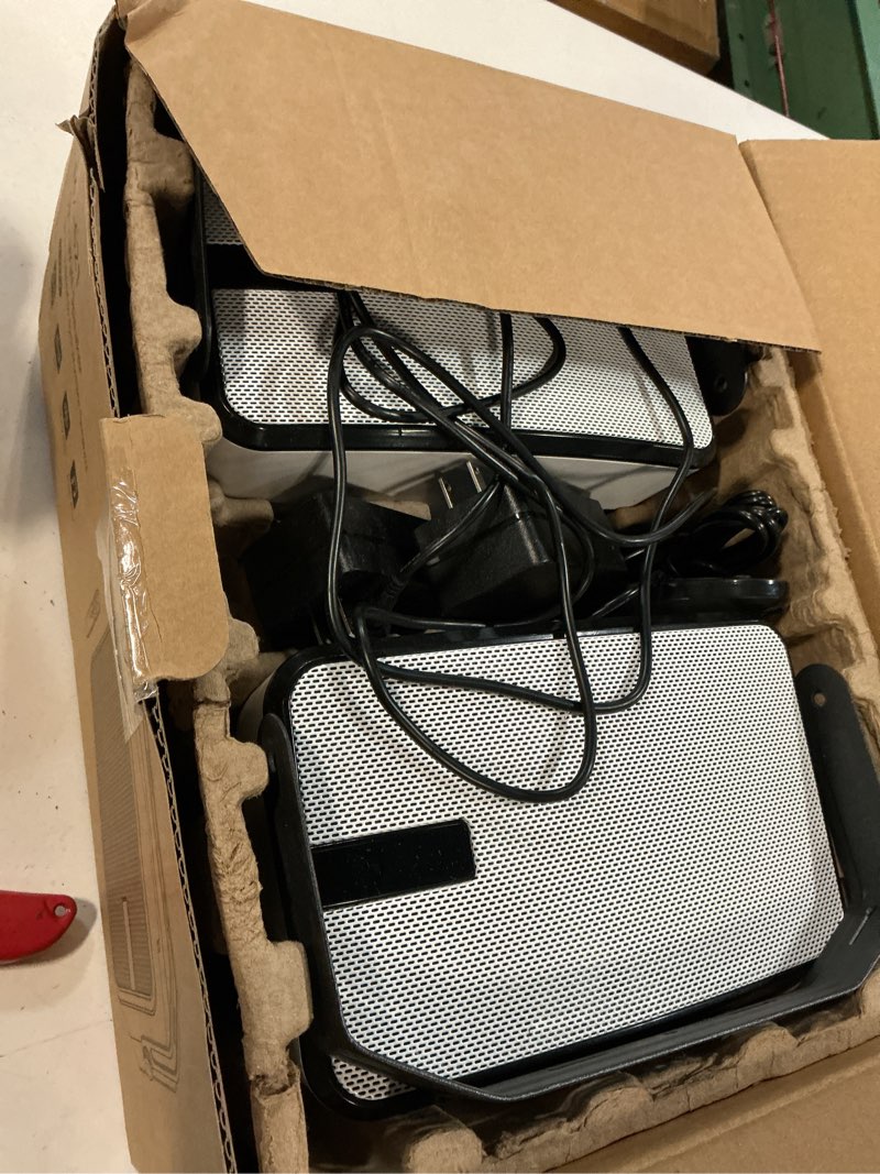Condition photo showing As Is for 400w outdoor bluetooth speakers, wireless sync between speakers, powerful bass, wall mount for patio, porch, gazebo, garage, 2-pack, white(mz-621)