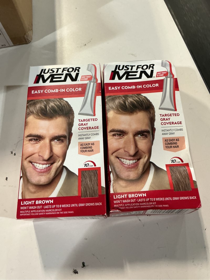 Condition photo showing New/Like New for just for men easy comb-in color mens hair dye, easy no mix application with comb applicator - light brown, a-25, pack of 2