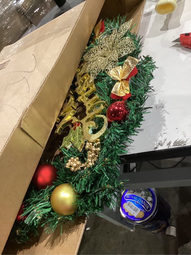 Condition photo showing As Is for Fylsyd Christmas Wreaths for Front Door, Artificial Christmas Wreath with Bow, Bells, Berries, Gold Flowers and Holiday Decor Sign, Winter Wreaths for Fireplace, Windows, Wall Decor(20 Inches)