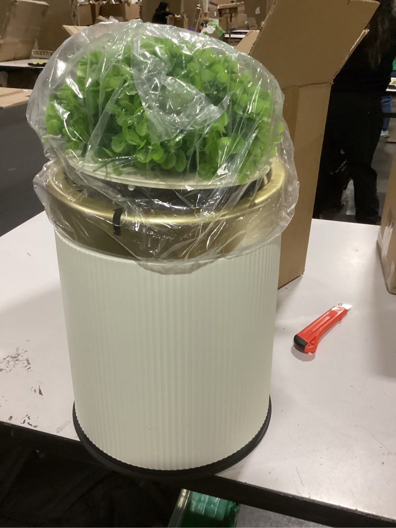 Condition photo showing As Is for Yatmung Bathroom Trash Can with Lid - Decorative Trash Bin (Faux Plant) - Small Bathroom Garbage Can - Bedroom, Living Room, Entryways - Plastic Hidden Waste Basket - 2.6 Gal, Cream with Gold Edge