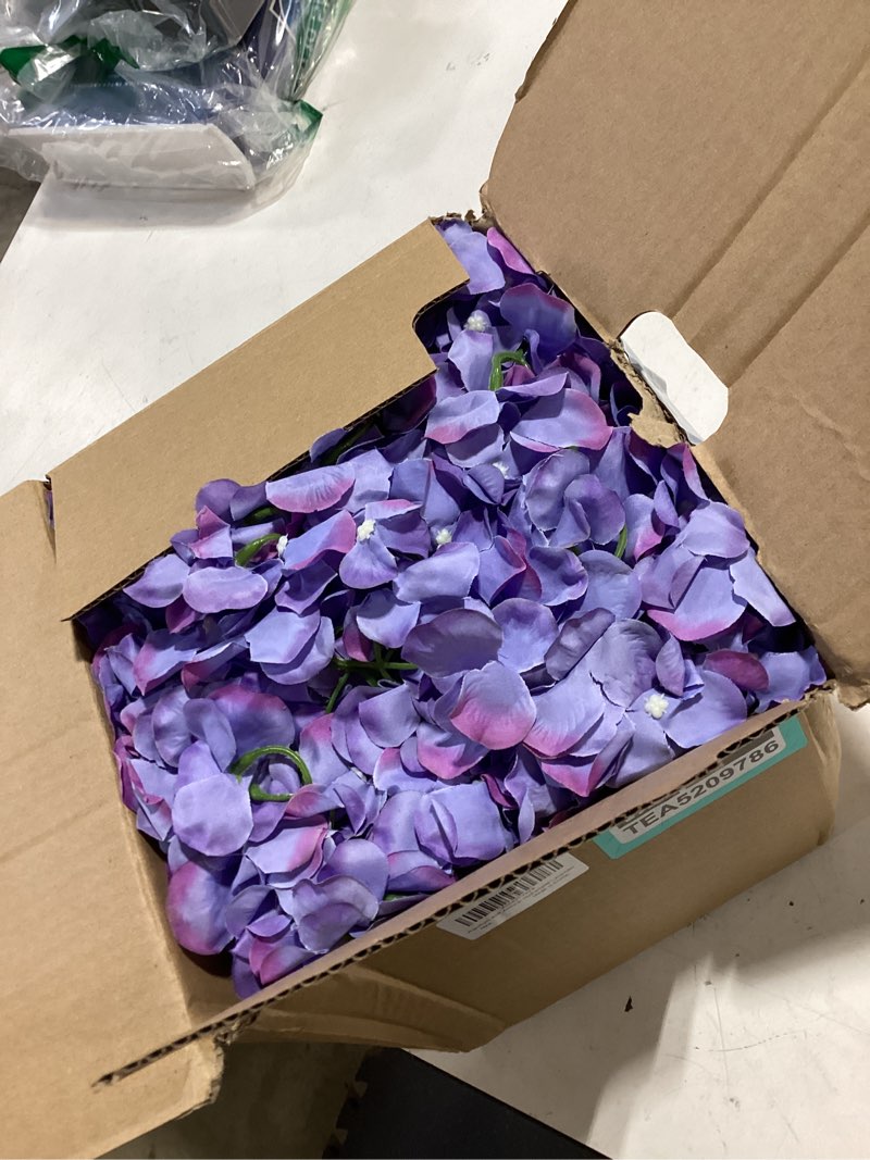 Condition photo showing As Is for 80 pcs lavender hydrangea artificial flowers, lavender fake silk full flowers heads with stems for wedding centerpieces, home, garden, shower, party decoration 80pcs lavender small