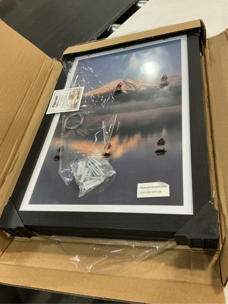Condition photo showing Good Condition for 12x18 poster frame, display pictures 11x17 with mat or 12x18 without, wall hanging frames, black, 3 pack black 12x18