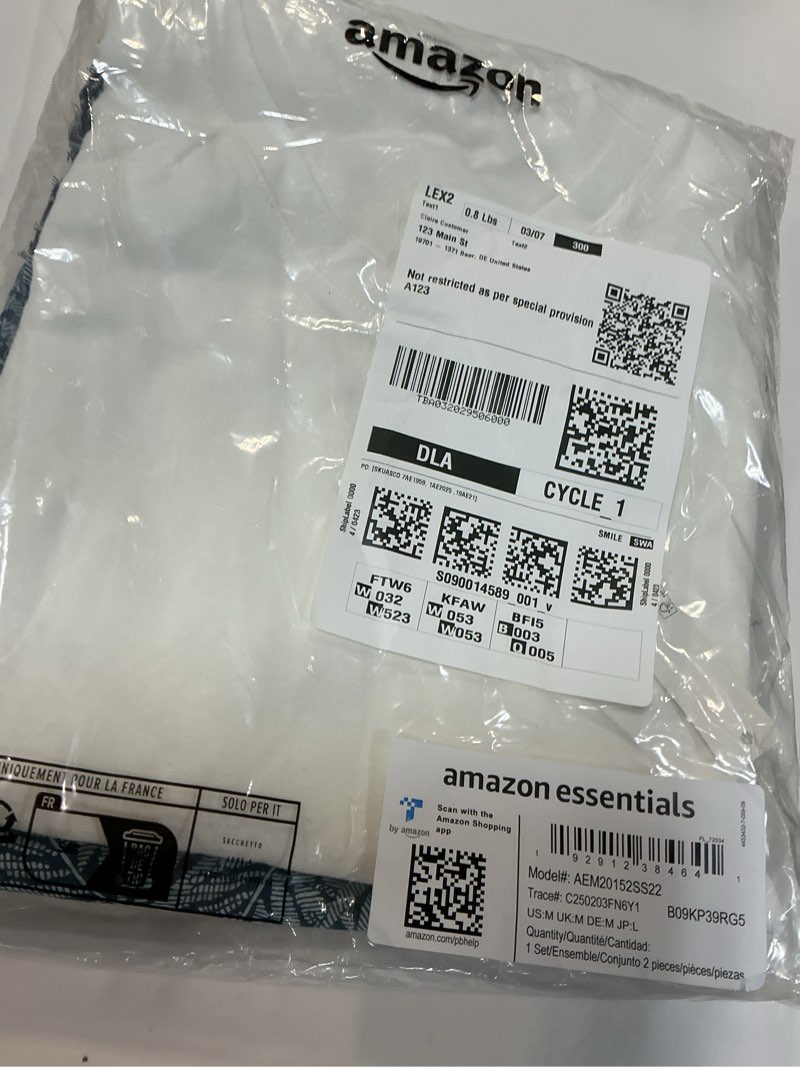 Condition photo showing New/Like New for Amazon Essentials Men's Cotton Poplin Pajama Short with Cotton T-Shirt Set Medium Blue Palm Leaf/White