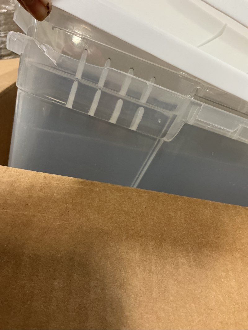 Condition photo showing As Is for HOMZ 2-Pack Snaplock, Large Clear Plastic Storage Organizer Bins w/Lids, 56 Quart, White - Stackable