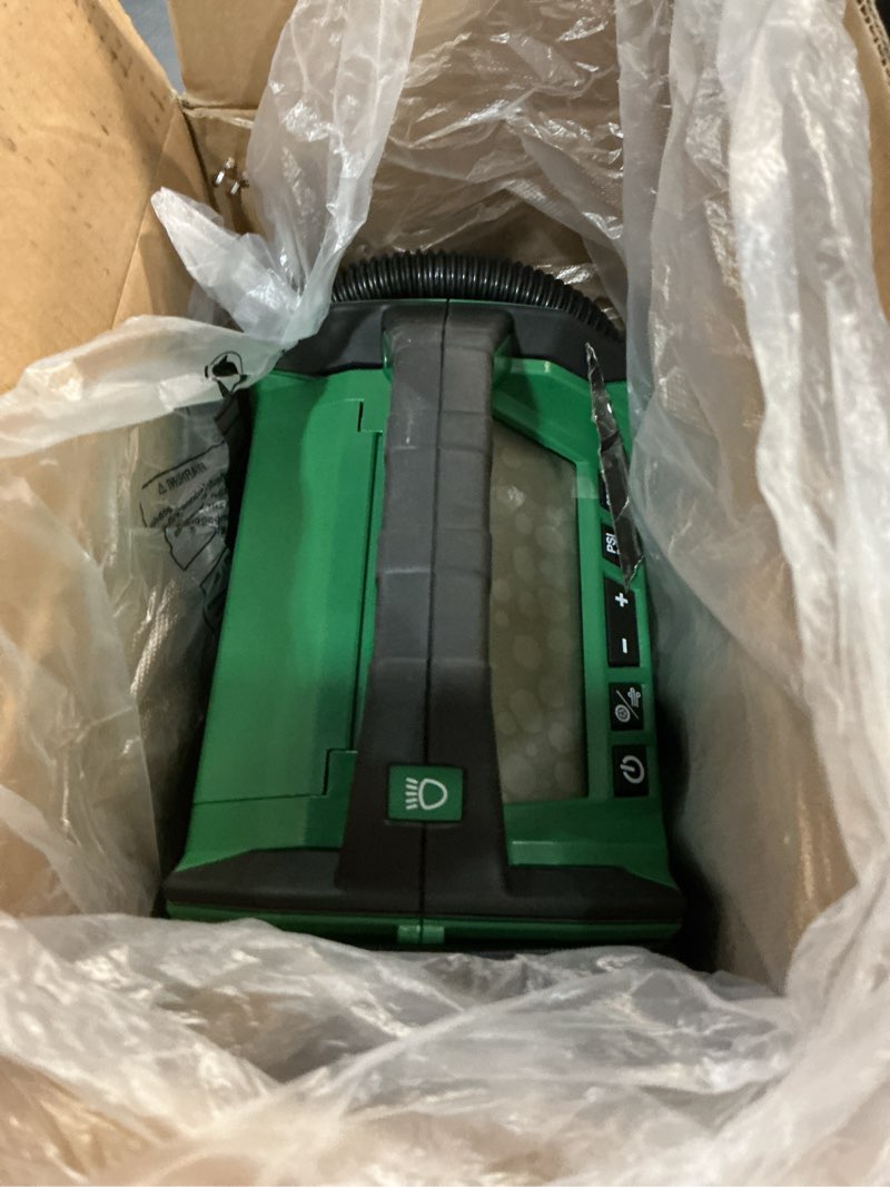 Condition photo showing Good Condition for metabo hpt 18v multivolt cordless dual function inflator, portable air inflator with high pressure and high volume modes, 160 psi max pressure, led light, tool body only, up18daq4 18v air inflator only (tool only)