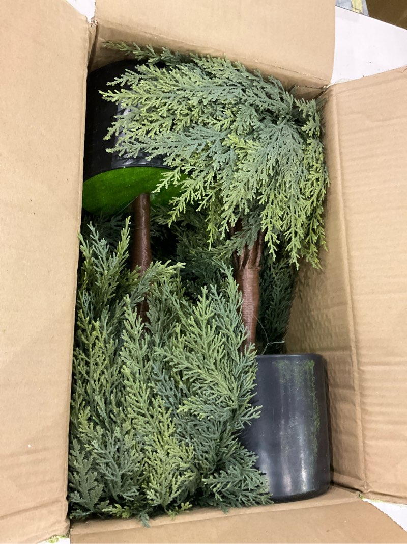 Condition photo showing New/Like New for 3FT Artificial Cedar Topiary Trees for Front Porch Decor Realistic Xmas Tree Shrubs Faux Cypress Greenery Fake Potted Plants for Outdoor Indoor Door Office Farmhouse Home Decoration (2, Green) 2 Green