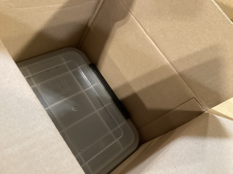 Condition photo showing Good Condition for iris usa weatherpro 6 qt storage bins with lids, 6 pack, bpa-free plastic gasket box with tight latch and seal, stackable nestable tote tub - clear/black 7 qt 6 pack