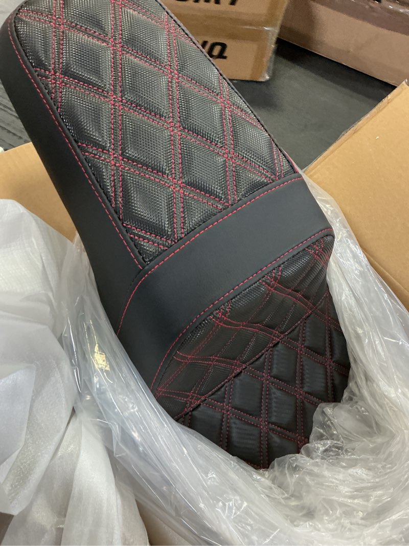 Condition photo showing New/Like New for One-Piece Rider Passenger Seat 2-up Pillion Seat Cushion Fit For Harley Dyna Fat Bob FXDF Low Rider FXDL Street Bob FXDB Switchback FLD Wide Glide FXDWG 2006–2017 (Red Stitching) Basic Red Stitching