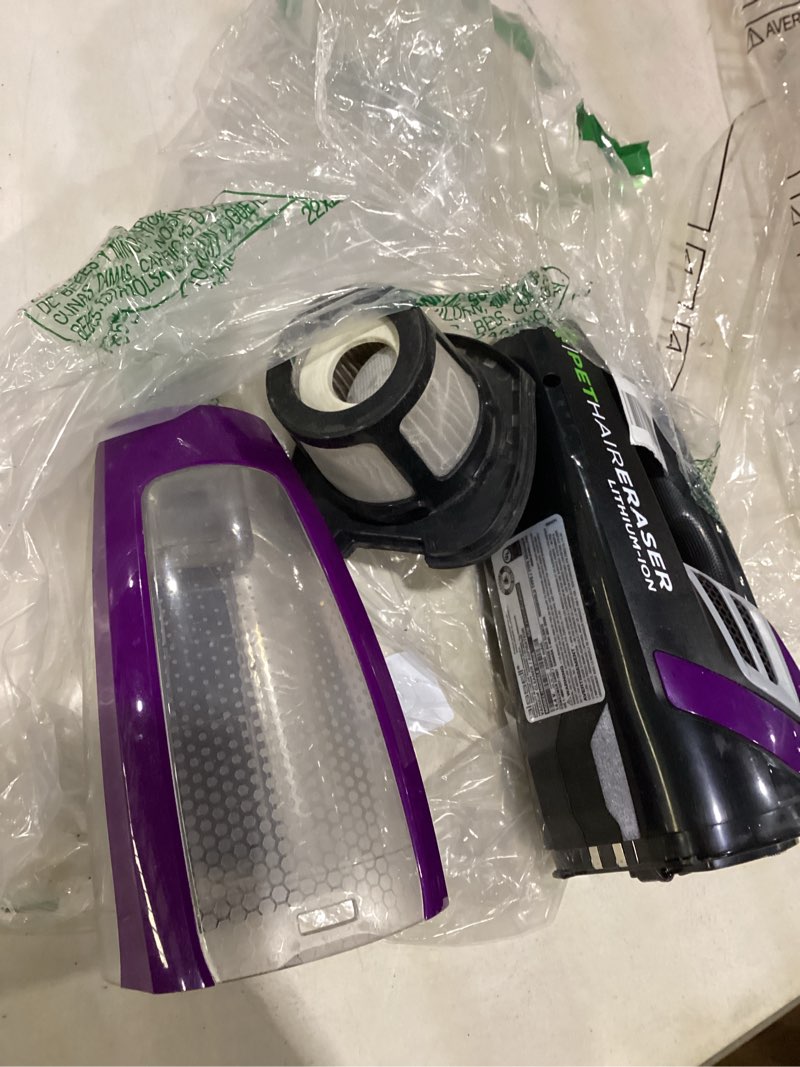 Condition photo showing As Is for bissell pet hair eraser cordless hand vacuum, lithium ion, home, auto, and pet vacuum, easy-empty dirt bin, upholstery tool, brush tool, and crevice tool included, 2390a