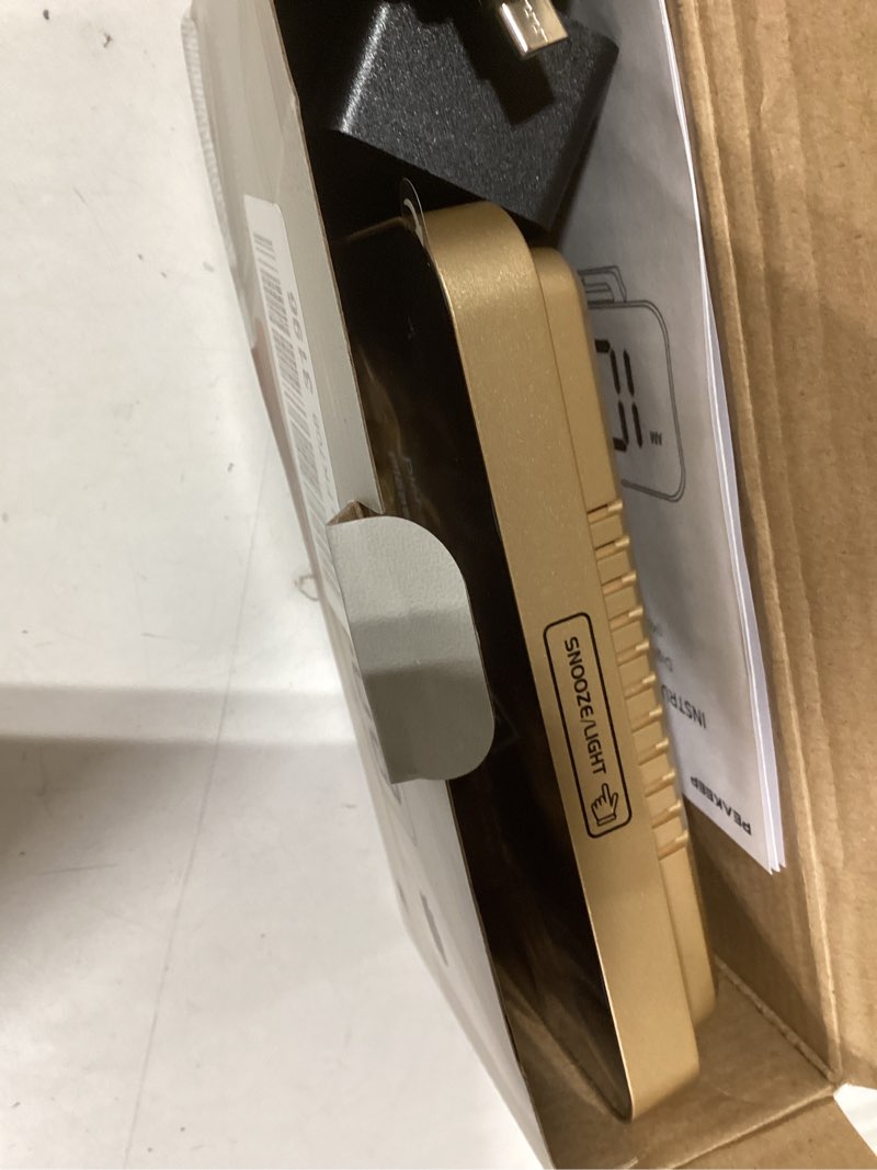 Condition photo showing Good Condition for Peakeep Slim Digital Mirror Aesthetic Alarm Clock for Bedrooms Desk Decor - Plug in Electric Big LED Modern Small Clock for Office Living Room, Battery Backup, 6 Dimmers (Gold) Gold With Mirror