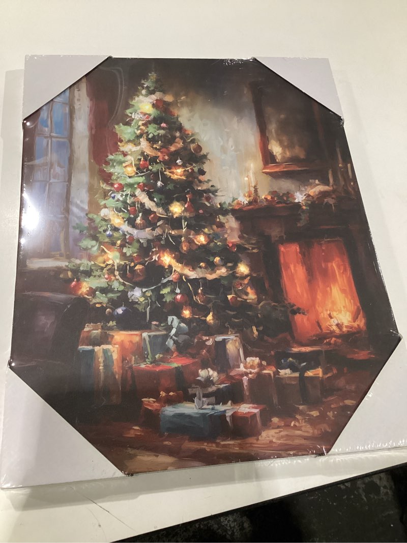Condition photo showing New/Like New for ARPEOTCY LED Framed Christmas Tree Art Decor, Winter Vintage Fireplace Cozy Pictures, 16x20 Inch, Battery Operated(exclude), Xmas Decoration Gifts for Living Room Bedroom Shelf Hallway Christmas Tree by the Fireplace 20"L x 16"W