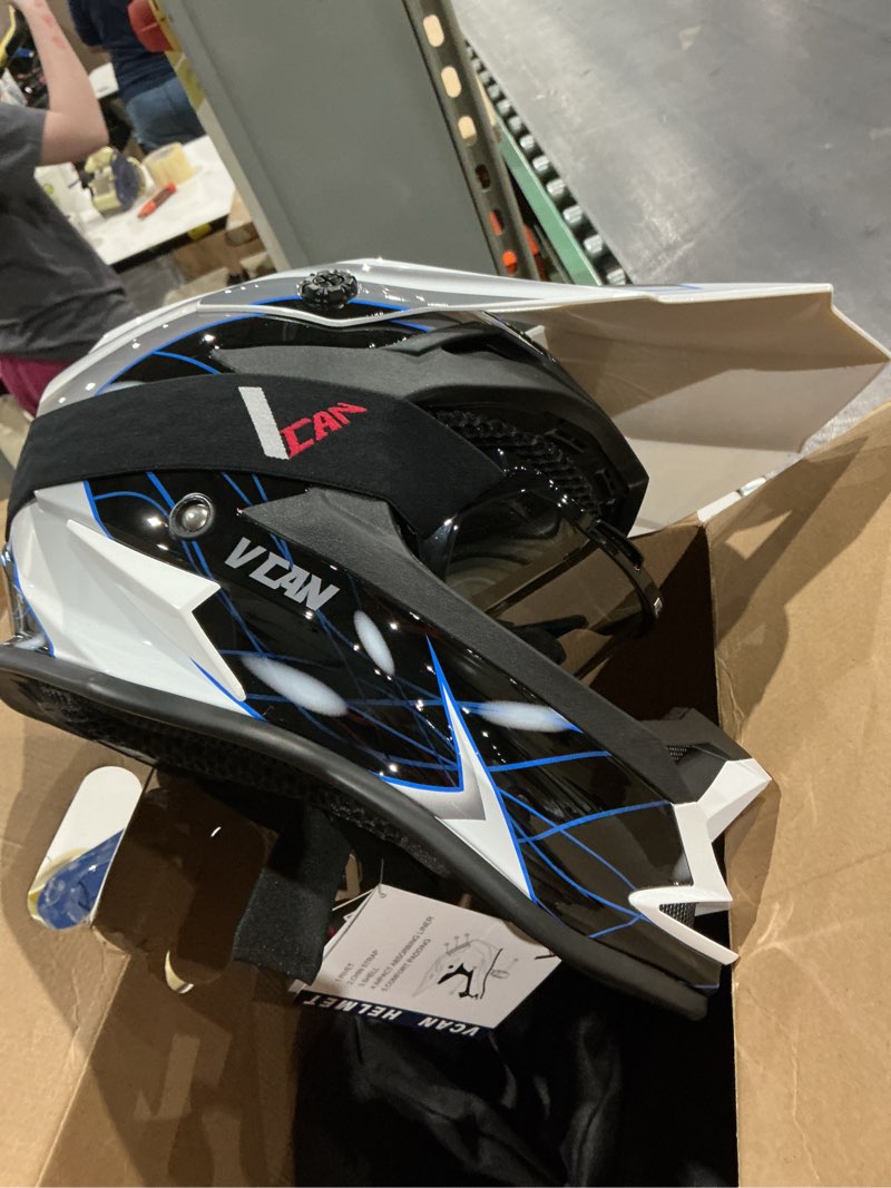 Condition photo showing Good Condition for vcan vx38 adults atv motorcross offroad dirt bike motorcycle downhill helmet with goggle dot approved gloss white streamline blue medium