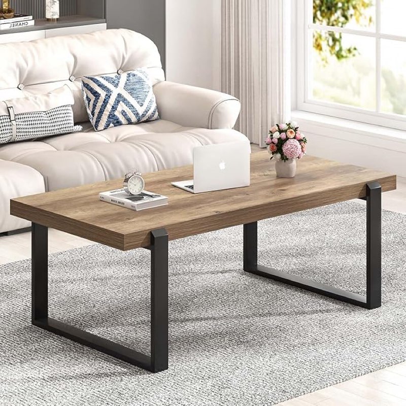 FOLUBAN Rustic Coffee Table, Modern Wood and Metal Industrial Center Table for Living Room, 47 Inch Oak