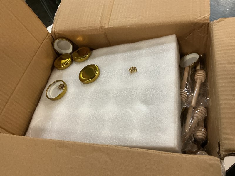 Condition photo showing Good Condition for iikum 60 pack 1.5 oz hexagon mini glass honey jars with wooden dippers, bee pendants, gift bags, thank you cards, jutes and cute stickers- perfect for baby shower, wedding favors and party favors 1.5 oz 60 pack