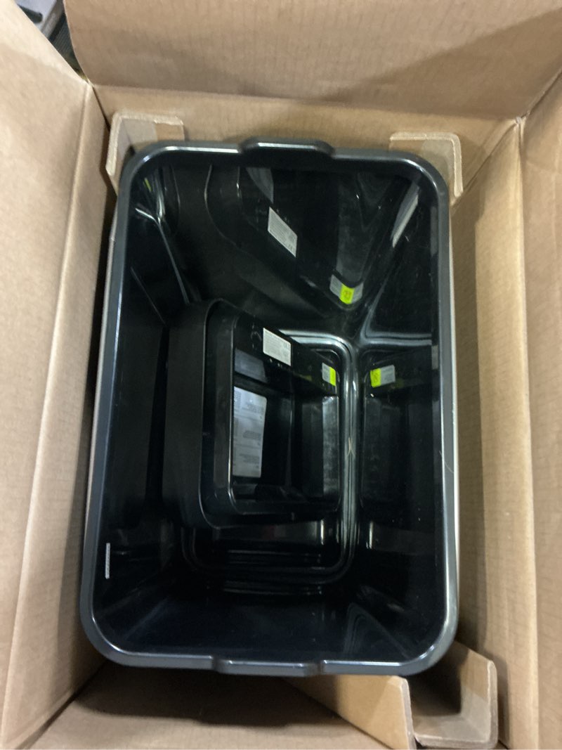 Condition photo showing As Is for EKO Mirage-T 50 Liter / 13.2 Gallon Touchless Rectangular Motion Sensor Trash Can, Brushed Stainless Steel Finish (Matte Black) Mirage 50L - Matte Black