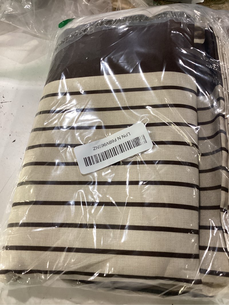 Condition photo showing Good Condition for amazerbath farmhouse shower curtain, brown shower curtain set with tassels, rustic faux linen brown striped boho shower curtain with hooks, warm tan toned, 72x72 inches