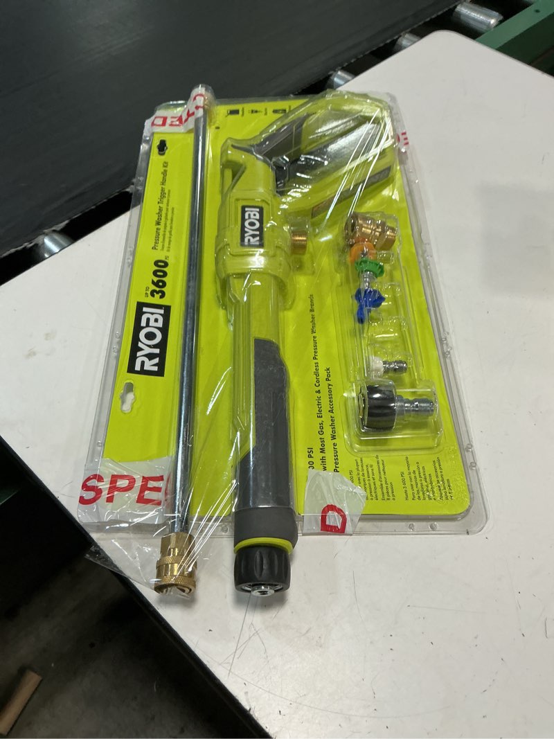 Condition photo showing As Is for ryobi pressure washer trigger handle kit with quick-connect adaptors, nozzles and wand for pressure washers up to 3600 psi