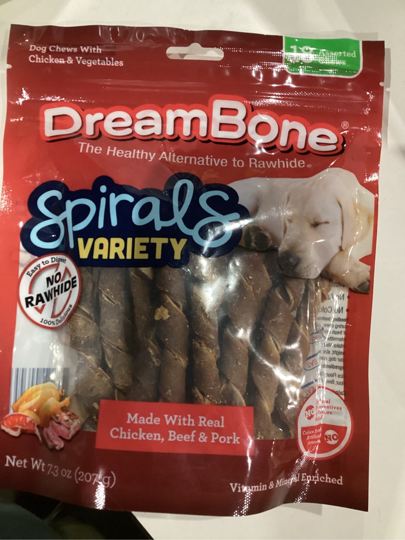 Condition photo showing New/Like New for DreamBone Spirals Variety Pack, No-Rawhide Chews For Dogs, 18 Spiral Chews Chicken/Beef/Pork 7.3 Ounce (Pack of 1)
