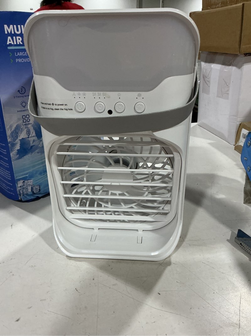 Condition photo showing As Is for portable air conditioners,4-in-1 air conditioner,2.3-second cooling & 3 fan speeds,1600ml water tank with 2 mist,10 color night light,remote control,portable ac for room,car,bedroom,office,outdoor white
