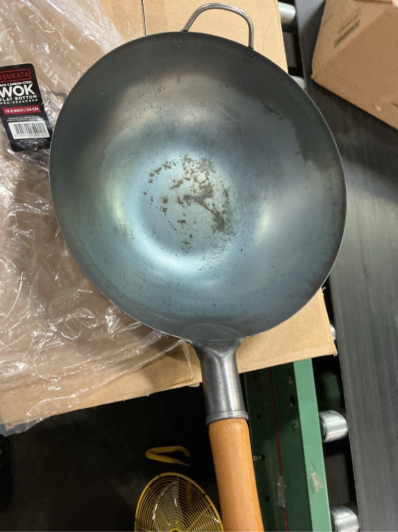 Condition photo showing As Is for yosukata 13.5" carbon steel wok pan – pre-seasoned flat bottom pow wok for stir fry, bbq, grill & camping – traditional japanese chinese cookware – compatible with induction, electric, gas, open fire