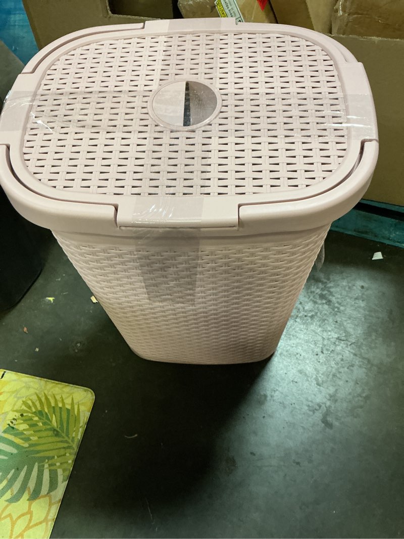 Condition photo showing Good Condition for mind reader slim laundry hamper with lid, 60l tall clothes basket, narrow tapered design for bathrooms, closets and laundry rooms, plastic, pink pink 1 piece