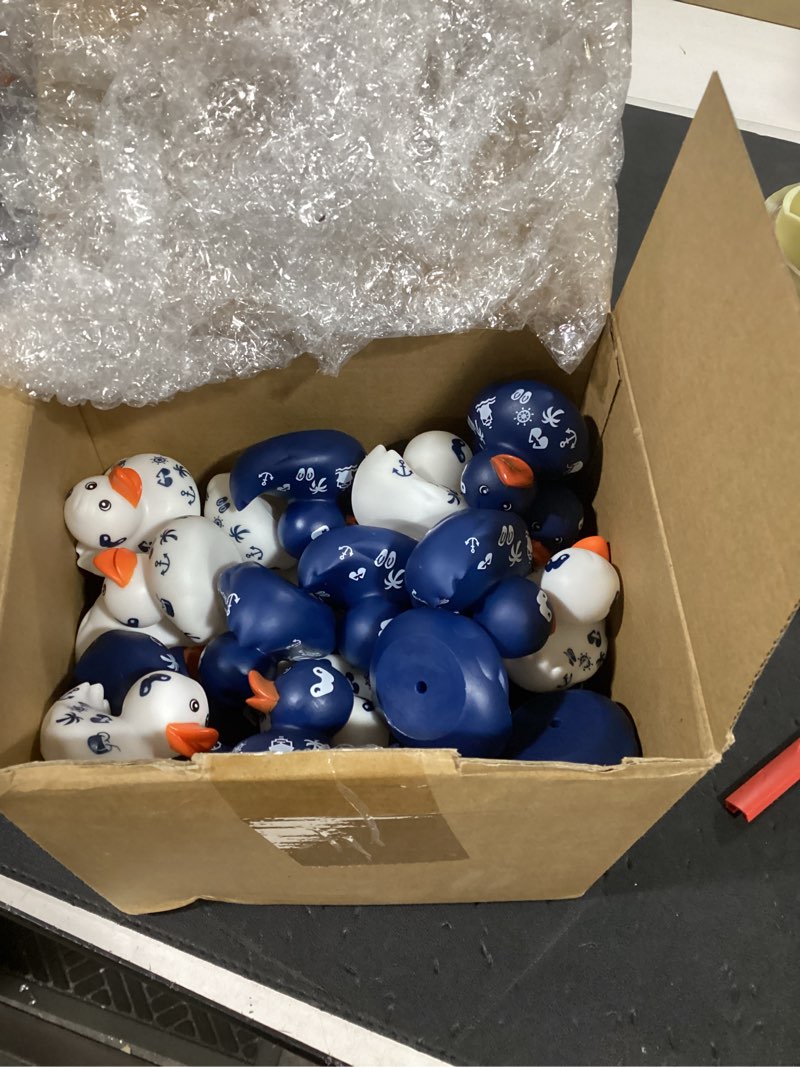Condition photo showing As Is for jerify 48 pcs 2 inch cruise ducks for hiding mini rubber ducks for cruise ships bath toys duckies for kids adult valentine's day carnival party birthday gifts blue and white