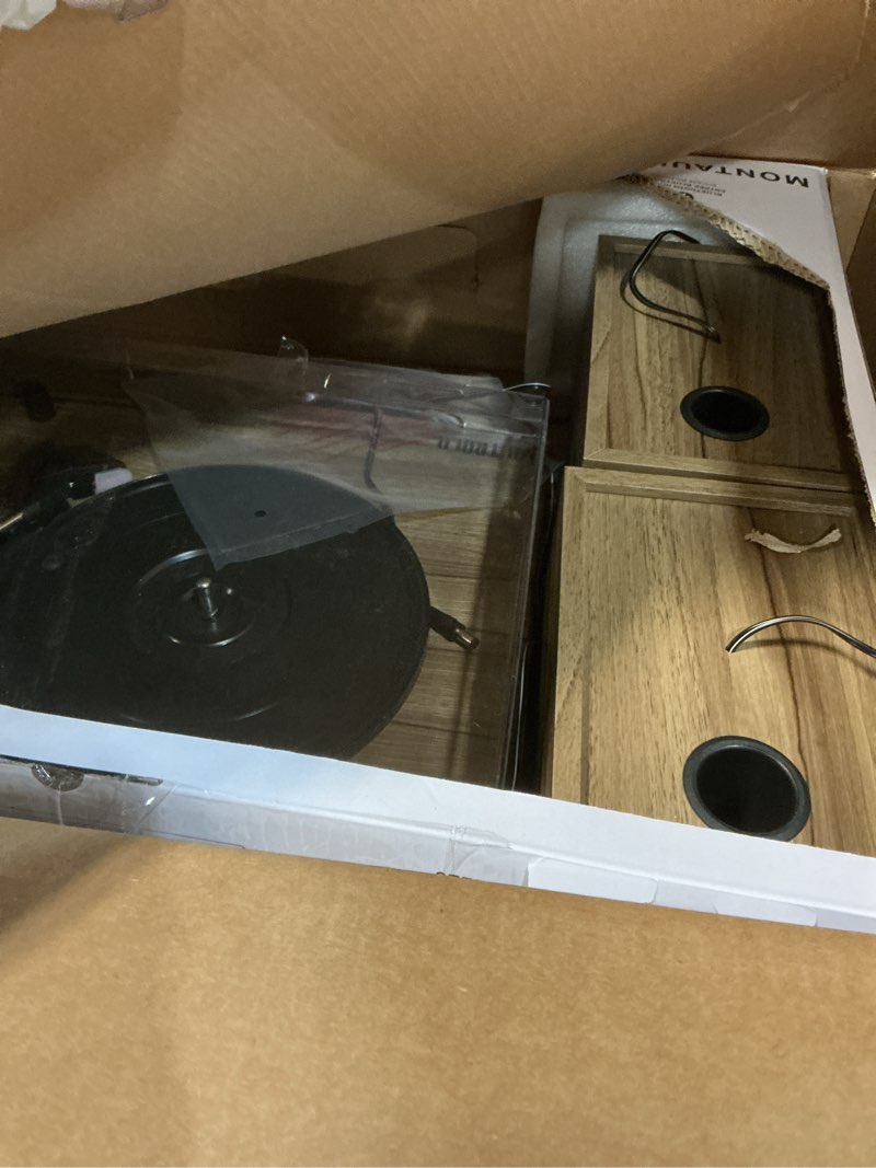 Condition photo showing As Is for Victrola Montauk Vinyl Record Player, 3-Speed Belt Driven Turntable with Stereo Bluetooth Speaker Pair, RCA Output and 3.5mm Headphone Jack, Removable Dust Cover, Farmhouse Walnut Finish Farmhouse Walnut System