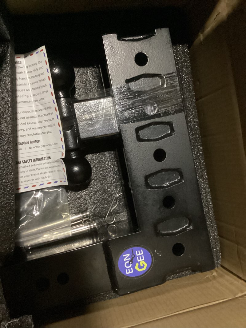 Condition photo showing New/Like New for trailer hitch fit 3 inch receiver, drop hitch 12" drop & rise, adjustable tow hitch for trucks rv camper 10000 lbs towing capacity with 2"& 2-5/16" dual ball mount, includes hitch pins & clips 3" rec/12" drop hitch