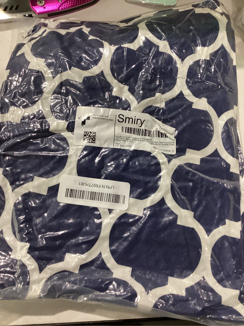 Condition photo showing New/Like New for smiry round picnic tablecloth, waterproof elastic fitted table covers for 36" - 44" tables, wipeable flannel backed vinyl tablecloths for camping, indoor, outdoor, navy & white navy & white for up to 36"-44" round