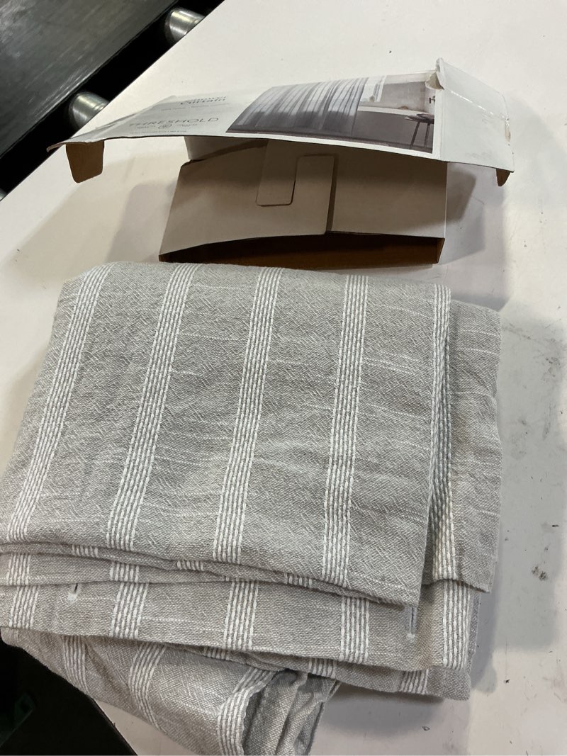 Condition photo showing Good Condition for threshold gray striped shower curtain, cotton bathroom curtain with buttonhole top, 72 x 72 inches