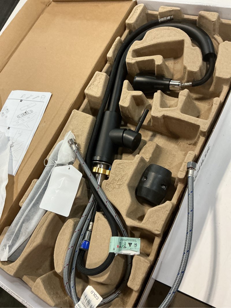 Condition photo showing As Is for kohler r32123-bl conti single handle pull down sprayer kitchen faucet in matte black