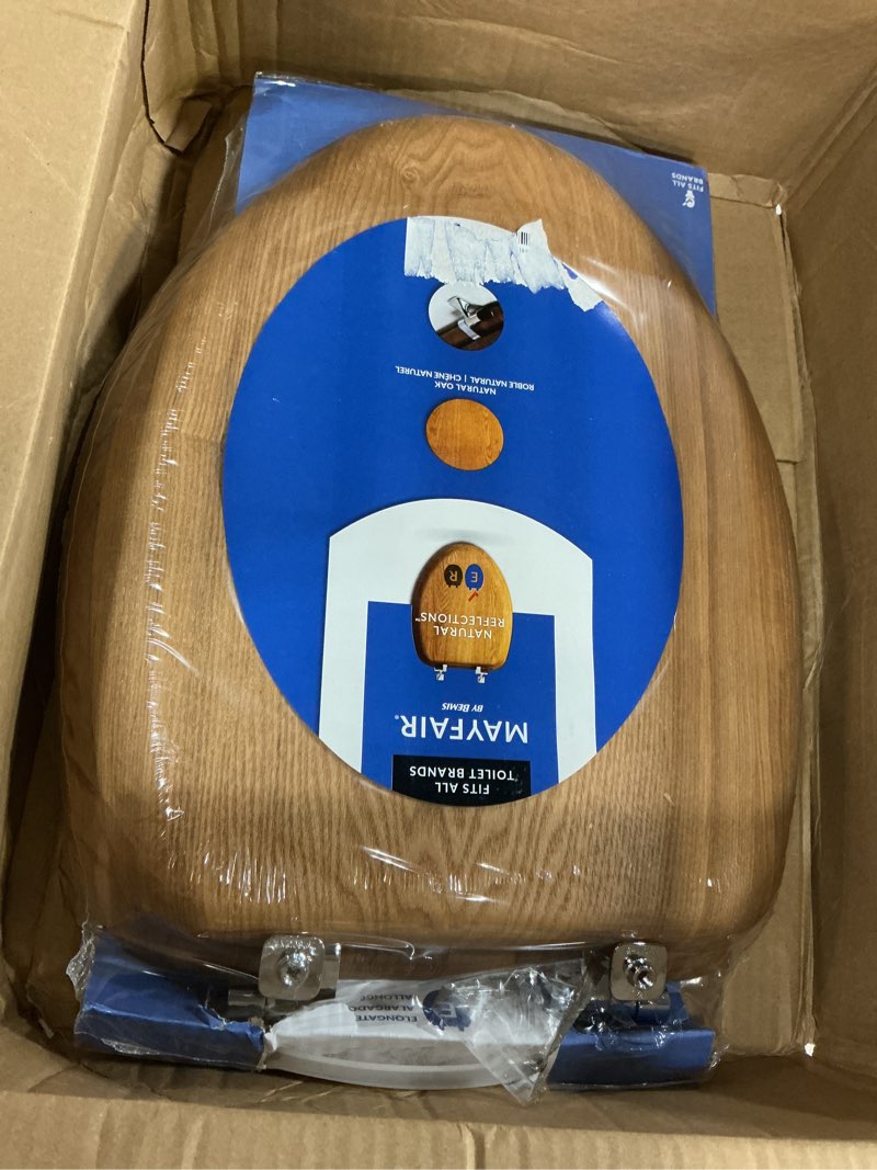 Condition photo showing As Is for Mayfair Natural Oak Veneer Toilet Seat with Chrome Hinges, Elongated, Wood
