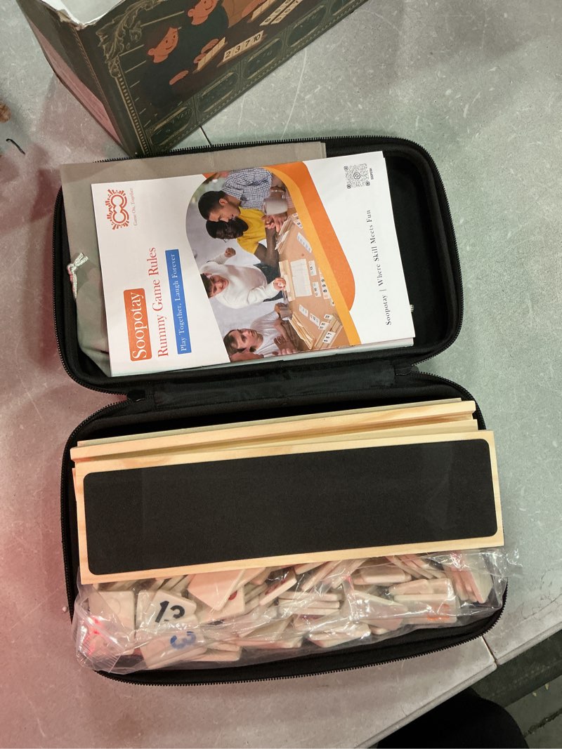 Condition photo showing Good Condition for 2-6 players rummy game gifts, easter gifts/easter basket stuffers for adults, rummy game w/ 6 wooden racks, 160 melamine tiles, drawstring bag, portable case, family games for adults & kids age 8+