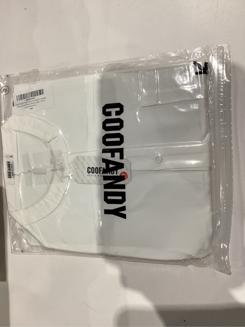 Condition photo showing New/Like New for COOFANDY Men's Casual Henley Shirt Short Sleeve Summer Beach Band Collar Shirt Hippie Henley T-Shirts with Pocket All White Medium