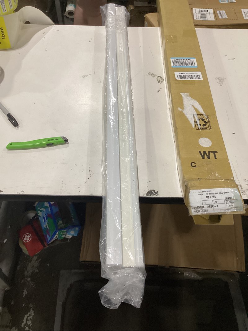 Condition photo showing New/Like New for DEZ FURNISHINGS Cordless 1" Light Filtering Cellular Shade, 40"W x 64"H, White White 40"W x 64"H