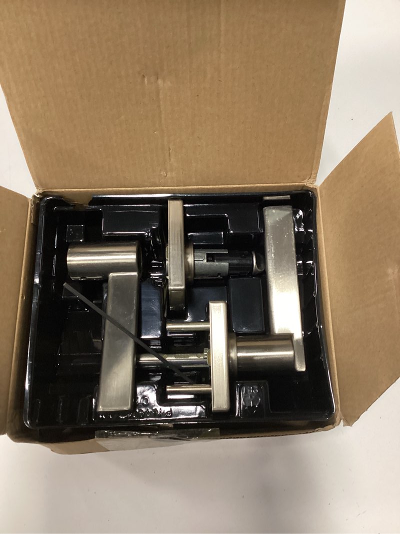 Condition photo showing As Is for kwikset casey interior privacy door handle with lock, door lever for bathroom and bedroom, satin nickel reversible keyless turn lock, with microban protection satin nickel 1 pack privacy