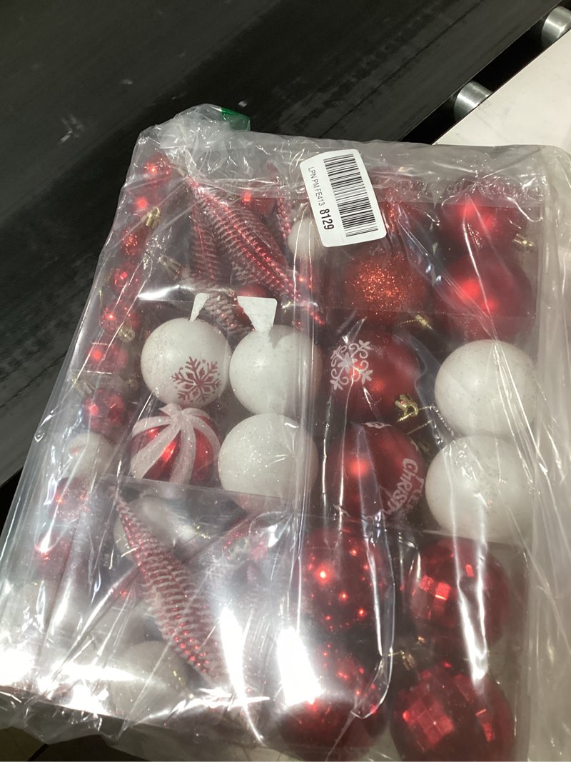Condition photo showing item condition for joiedomi 133 pcs red & white assorted christmas ornaments, shatterproof christmas balls ornaments, xmas hanging decor for tree wreath garland holidays indoor/outdoor party and events