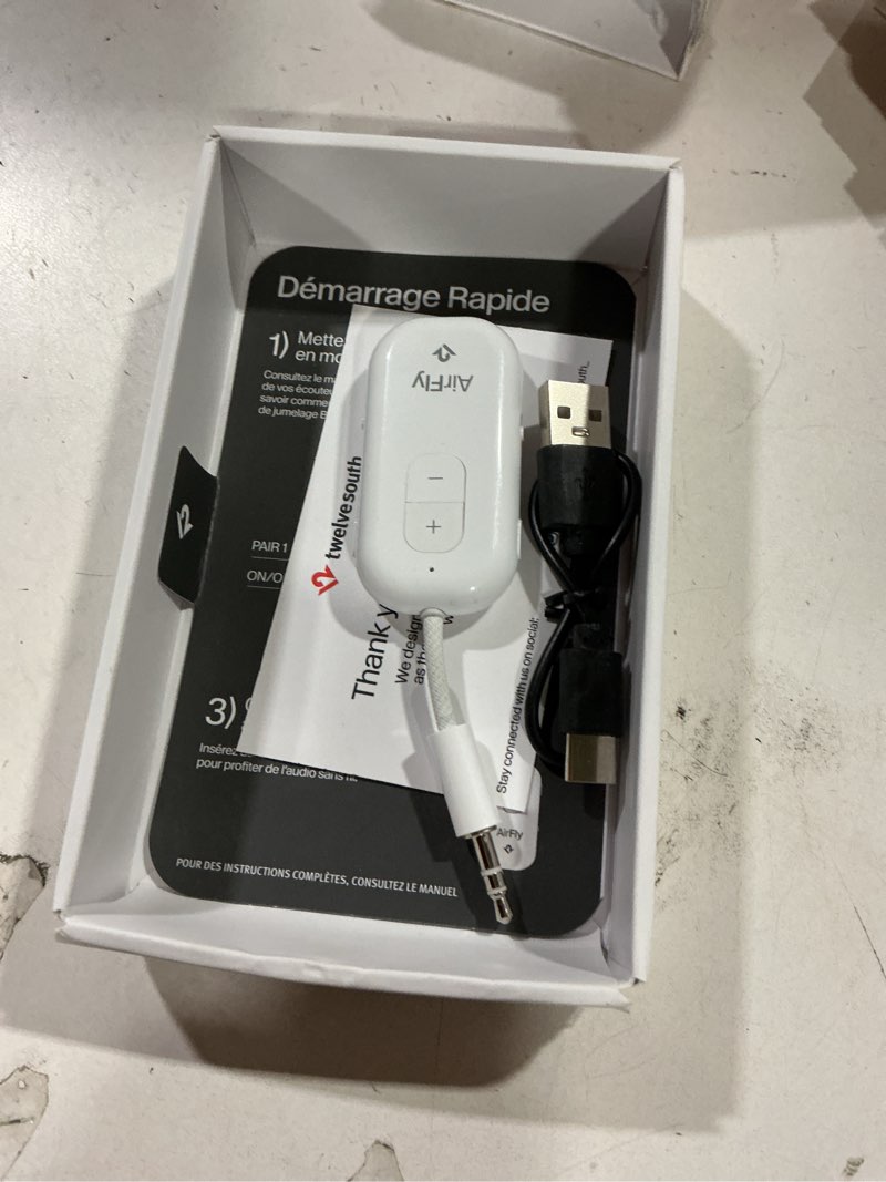 Condition photo showing As Is for airfly pro 2 deluxe – bluetooth adapter for airplane, pair 2 airpods or wireless headphones – 3.5mm aux bluetooth transmitter/receiver for cars, boats, treadmills, tvs – airplane travel essentials airfly pro 2 deluxe white