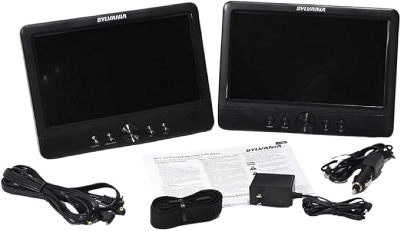 Sylvania 10.1" Dual Screen Portable CD/DVD Media Player Black, with SD Card slot, USB, Headphone Jack, Stereo Audio Output - For Car Family Road Trips or Vacations - SDVD1082 (Renewed)