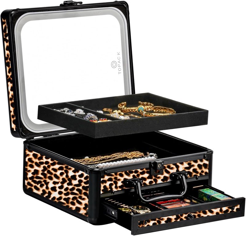 TOPACK Makeup Cases with Led Mirror, Portable Makeup Box Make Up Case with Mirror Makeup Travel Case Makeup Box Travel Jewelry Case Organizer-Water Cube